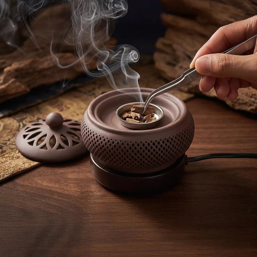 Lư Xông Trầm Điện Hỗ Trợ Hẹn Giờ Kèm Phụ Kiện - Mẫu Tròn Nâu